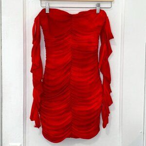 Zara Women's Red Ruched Tulle Corset Style Bodycon Mini Dress, Size Small